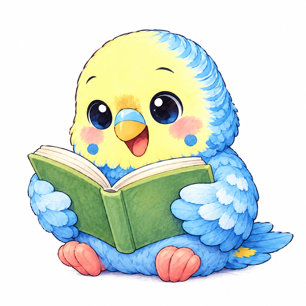 本を読む青と黄色のインコのマスコット