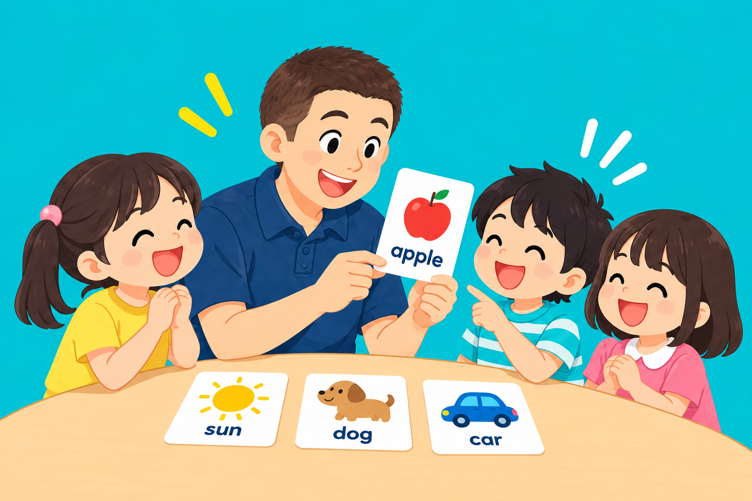 先生と子どもたちが絵カードで楽しく英語を学ぶイラスト